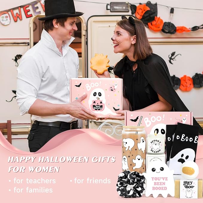 Boo Basket Stuffers for Women, Halloween Gifts for Women Girls Adults, Spooky Gifts Basket, Halloween Glass with Lids Straw, Cute Spooky Glass Gift for Woman Her Sister Friend
