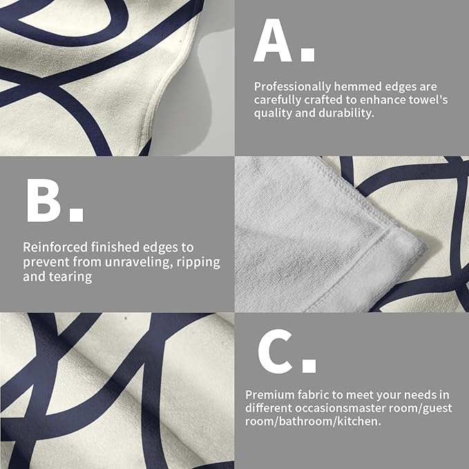 Modern Style Kitchen Towels Navy Blue Geometrical Stripe Set of 2 Quick Dry Microfiber Flower Pattern for Home Kitchen