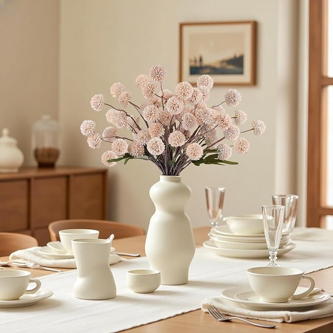 Faux Beige Kiku Flowers 10 Stems & 2 Eucalyptus,Fake Mums Flower Autumn Artificial Chrysanthemums Mini Ball Floral for Table Centerpieces,Silk Fall Faux Mums Flower for Vase Wedding Arrangements Decor