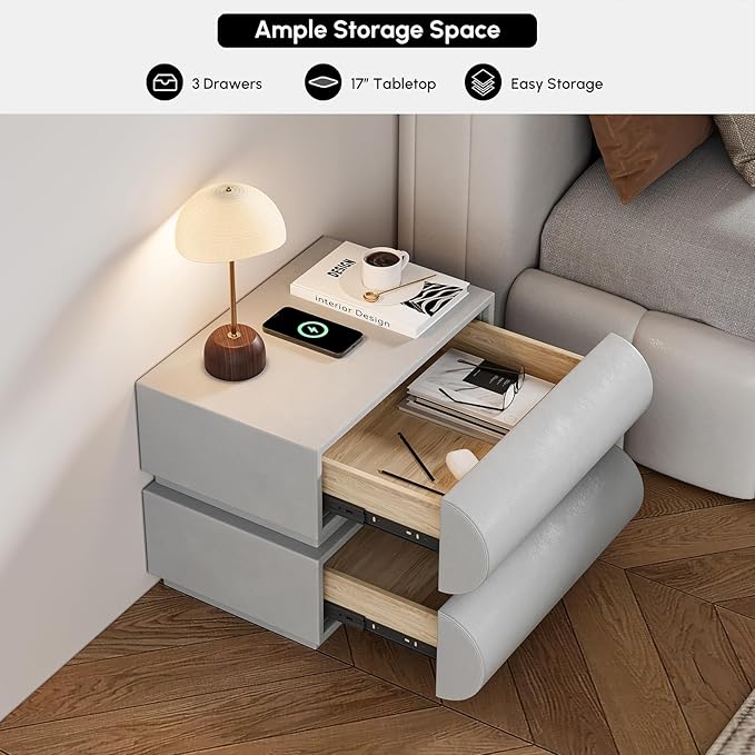 homary Smart Nightstand Modern Light Gray Leather Nightstands with Wireless Charger Bedside Table with 2 Drawers for Bedrooms Living Rooms Offices 19.7" W x 15.7" D x 15.7" H (Light Gray 2 Drawers)