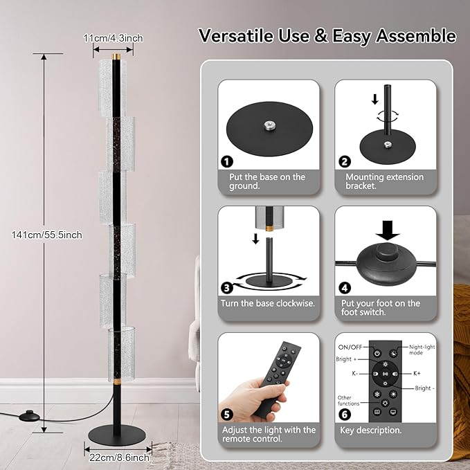 NUÜR Modern Floor Lamp, Dimmable Standing Lamp with Remote Control, Stepless Adjustable Colours & Brightness, Industrial Lighting for Living Room, Bedroom, Office (Floor Lamp for Living Room)