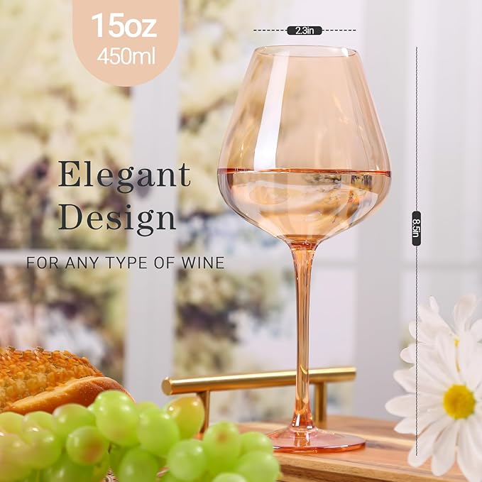 Physkoa Peach Burgundy Wine Glasses Set of 6 – Hand Blown Long Stem Wine Glasses, Lead-Free Crystal Goblets for Red & White Wine, Elegant Party Glassware for Home & Entertaining