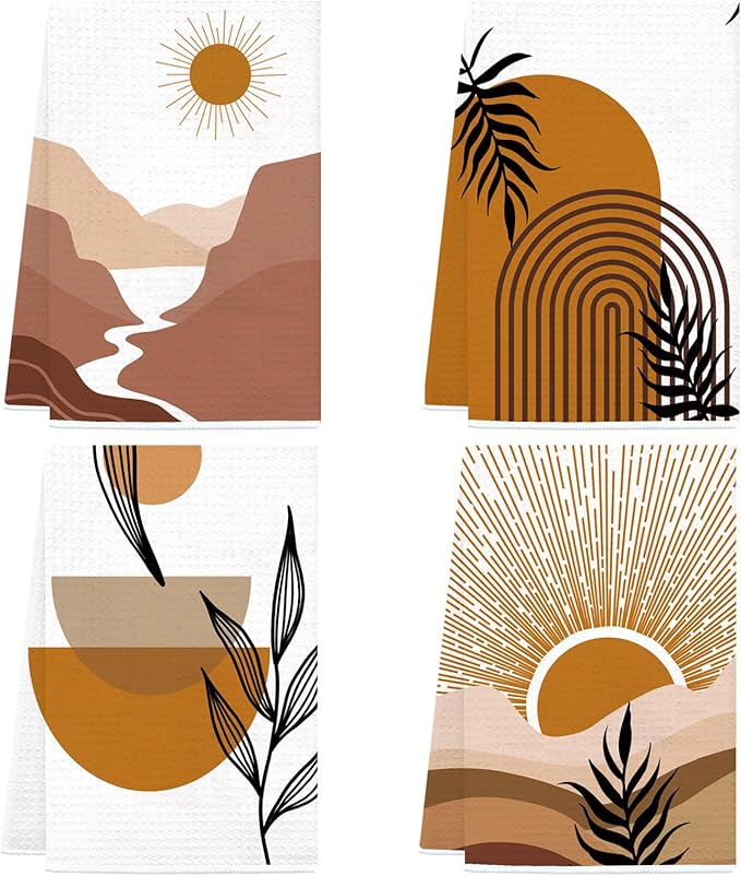 Boho Kitchen Dish Towels 4 Pack Mountains Rivers Sun Absorbent Decorative Tea Towels