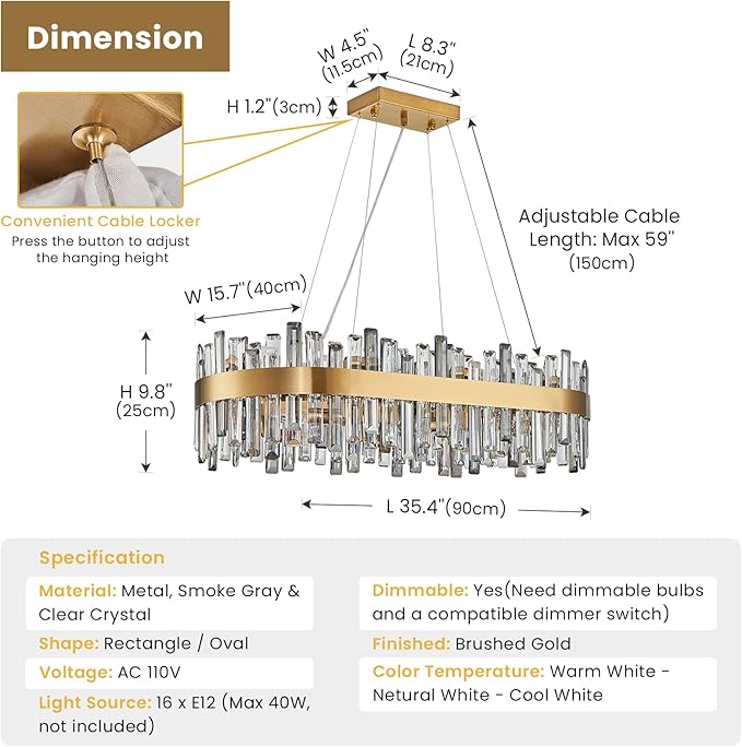 Siljoy 16-Light Modern Crystal Chandelier for Dining Room, Luxury Gold Rectangular Crystal Raindrop Chandelier, Farmhouse Oval Adjustable Pendant Ceiling Light for Living Room Kitchen Island L35.4''
