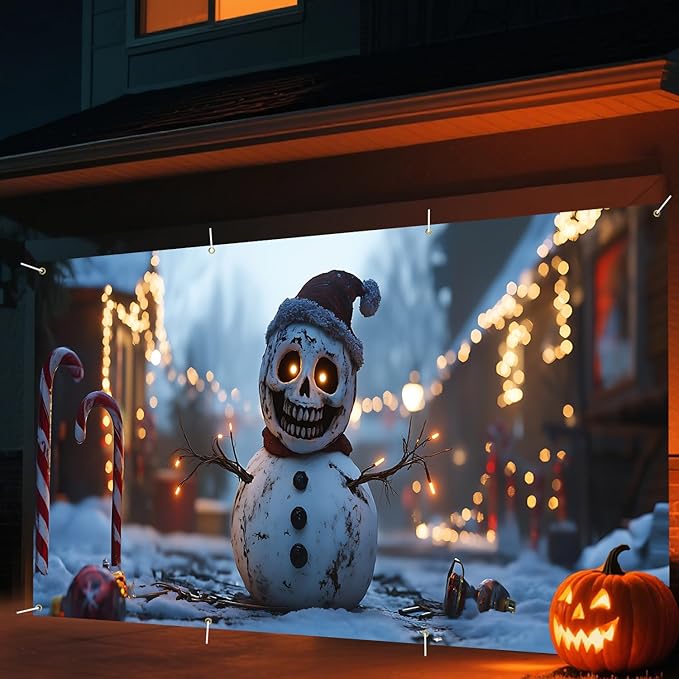 6 x 13 ft Halloween Garage Door Decorations Halloween decorations Witch Door Cover, Hanging Banner, Cauldron Backdrop Mural for Home, Outdoor, Indoor, Spooky Party, Wall, Window (Snowman)