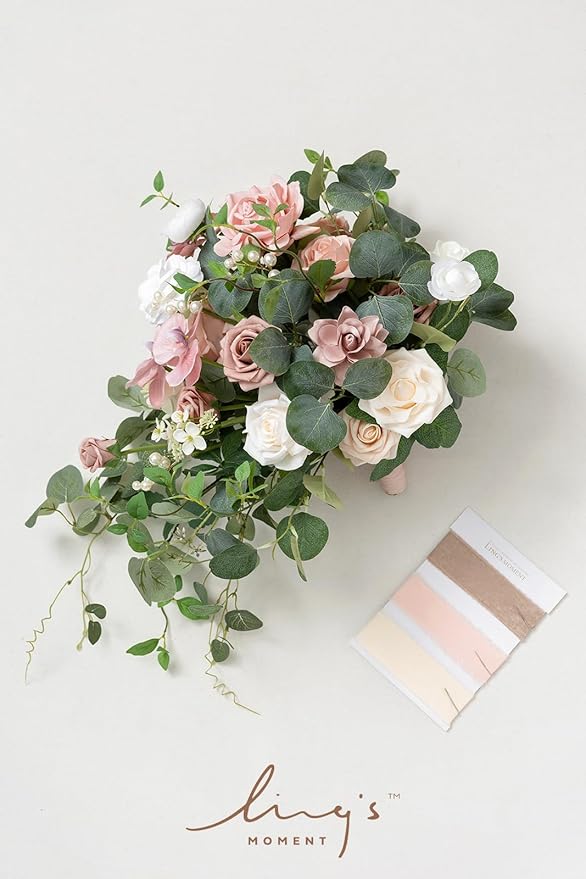 Ling's Moment Pink Bridal Bouquet for Bride, Dusty Rose Wedding Bouquets for Bride, 15 Inch Wedding Artificial Flowers
