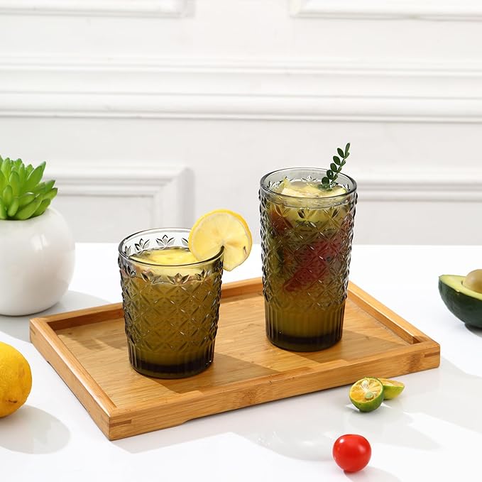 Grey Drinking Glasses Set of 12, 14 Oz Highball & 10 Oz Cocktail Glasses, Grey Kitchen Vintage Glassware Set, Floral Embossed Glass Tumbler Cups for Juice, Whiskey, Water, Beer, Coffee