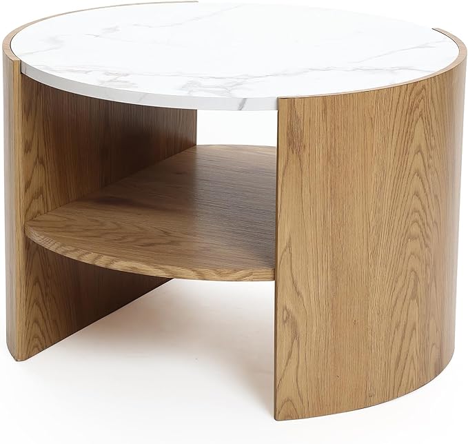 LuxenHome Modern Round Coffee Table with Faux Marble Top & Oak Finish Wood Base, 23.5” Small Center Table with Open Storage Shelf, Wooden Accent Table for Living Room, Apartment, or Office