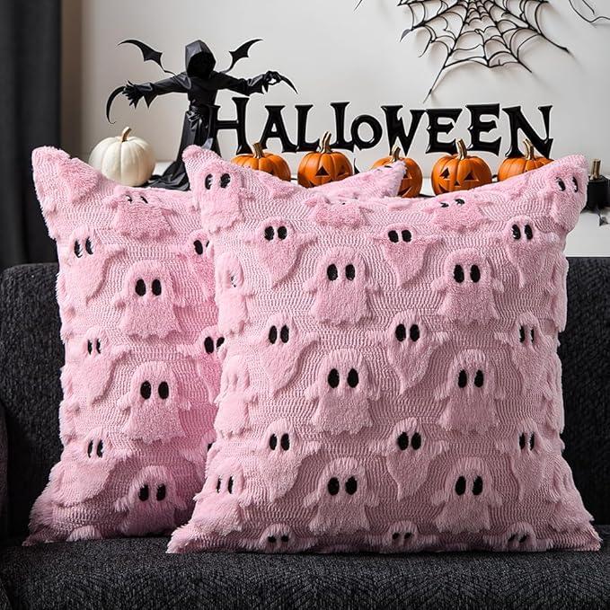 DFXSZ Halloween Pillow Covers 18x18 inch Set of 2 Pink Ghost Throw Pillow Cases Soft Plush Faux Fur Wool Cushion Case for Chair Bedroom Living Room Home Decor PTK03B18