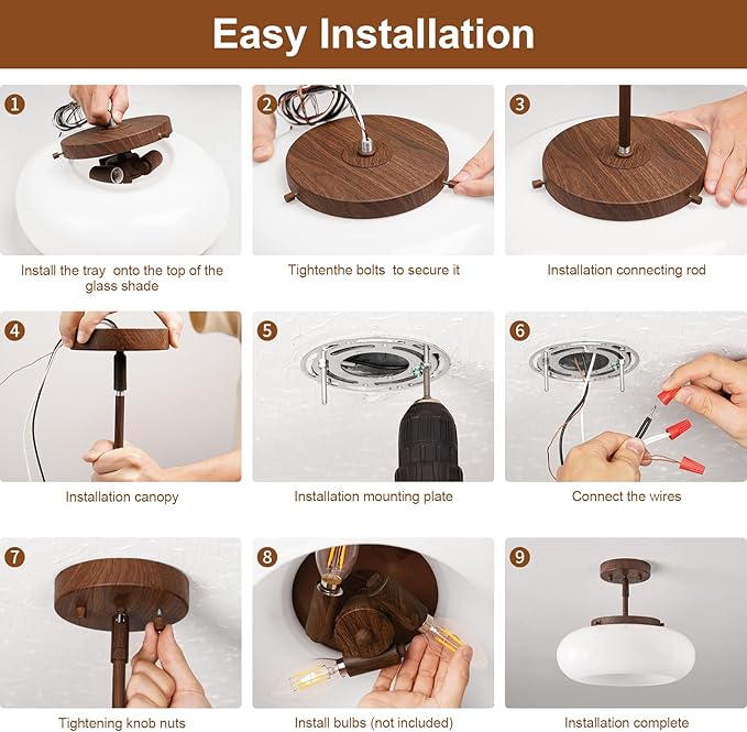 Mid-Century Modern Faux Walnut Wood Semi Flush Mount Ceiling Light, 3-Light Kitchen Light Fixtures with Glass Shade for Entryway Hallway Bathroom Bedroom (12.6 Inch)