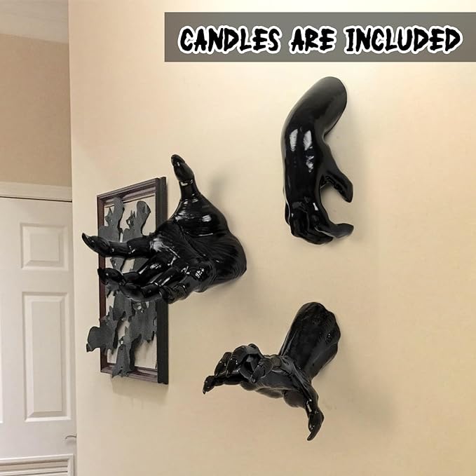 DAZONGE Halloween Decorations Indoor/Outdoor, Pack of 3 Wall Mounted Creepy Reaching Hands with Candles, Life-Sized Horror Hands for Wall Decorations, Gothic Hanging Wall Art Sculpture