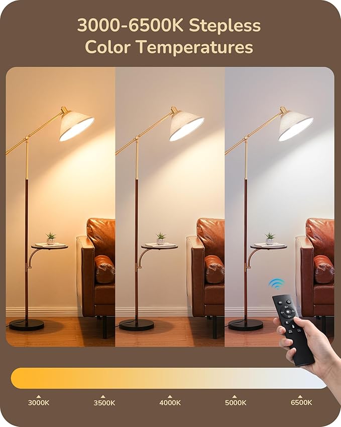 EDISHINE 68" Arc Floor Lamp with Table, Vintage Standing Lamp for Living Room, Tall Reading Lamp, Beige Shade, Adjustable Arm, Remote Dimmable Bulb Included, for Bedroom Office, Wood Grain