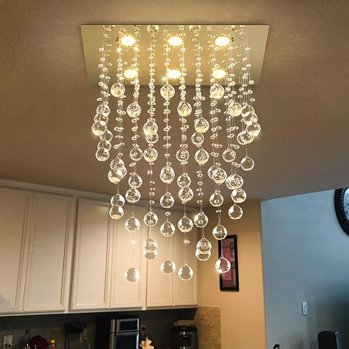 Glam Crystal Chandelier with Bulb Rain Drop Pendants Ceiling Light LED Lighting Rectangular Dining Room Light Fixture Dimmable LED Light Gold