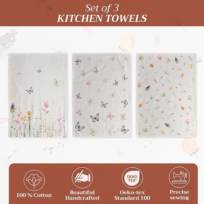 Maison d'Hermine Dish Towels 100% Cotton Absorbent Botanical Fresh Set of 3 Spring Summer