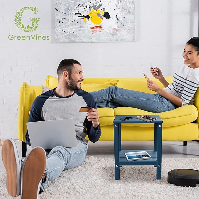 GREENVINES Outdoor Rocking Chair Set | 3-Piece | 2 Rocking Chairs with 1 Side Table | Porch Rocker | HDPE Plastic | Blue | Patio Furniture Sets | High Back | Big & Tall | Ladder Back