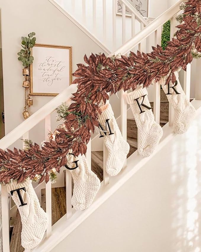 Hollyone 3 Pcs 6FT Christmas Garland Brown Glittered Artificial Magnolia Leaves for Mantle Christmas Tree Decorations Indoor Outdoor Bronze Hanging Garland Ornaments Garden Door Wall Window Home Decor