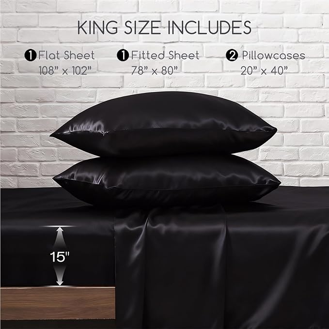MR&HM Satin Sheets King Size with Elastic Corner Straps, 4-Piece Silky Bedding Set, Deep Pocket 15 Inches, Good for Hair & Skin (King, Black)