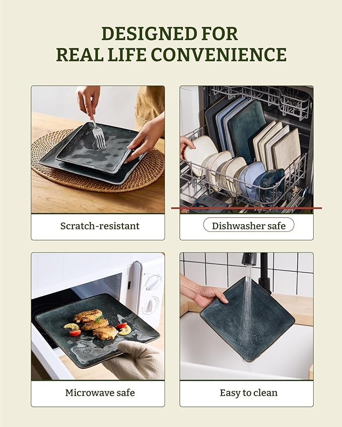 Famiware Ocean Square Plates and Bowls Set, 18 Pieces Dinnerware Sets, Dishes Set for 6, Microwave and Dishwasher Safe, Scratch Resistant, Deep Forest