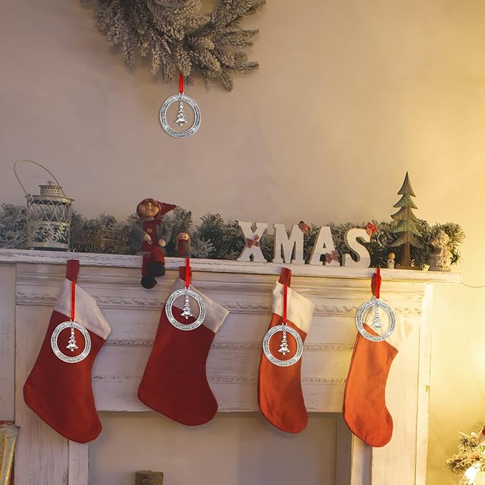 Jinei 6 Pcs Christmas Wreath Ornament Bulk 2025 Solid Pewter Christmas Ornament with Rotatable Tree Metal for Xmas Decorative Holiday Keepsake Gift (Xmas Tree)