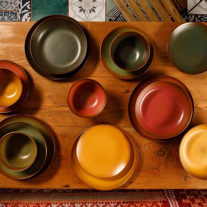 Bloomhouse Palermo Sun Double Bowl Stoneware Reactive Glaze Plates and Bowls Dinnerware Set - Agave Blue, Service for Four (16pcs)