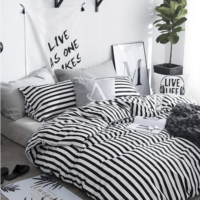 CLOTHKNOW Striped Comforter Set Twin/Twin XL 3Pcs Black and White Bedding Comforter Sets Farmhouse Comforter Soft Ticking Bedding with 2 x Pillow Cases