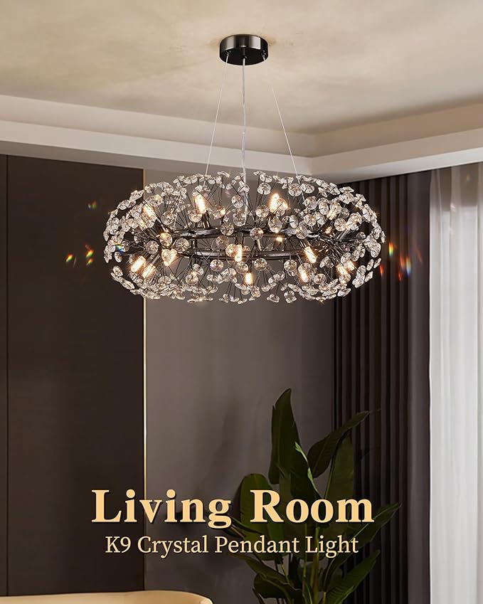 Modern Firework Chandelier, Farmhouse Black Crystal Round Dandelion Sputnik Chandeliers, 31.5" Contemporary 20-Light Pendant Hanging Lighting for Dining Room Kitchen Bedroom Living Room