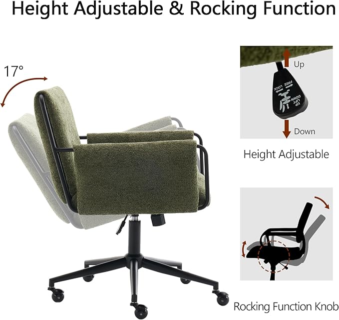 Rowill Modern Office Chair, Swivel Desk Chair, Green Boucle Fabric, Adjustable Height, 300 LBS Capacity, Wheels, Arm Rest, Perfect for Home Office, Bedroom, Makeup Room