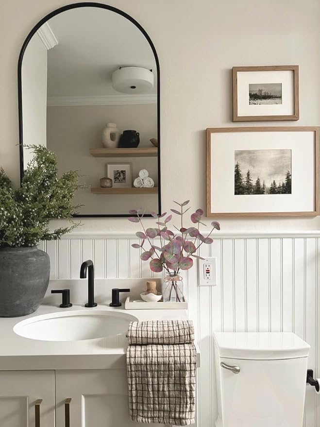 Artificial Eucalyptus Stems in Glass Vase with Faux Water, 14" Fake Plants for Home Decor Centerpieces, Office, Bathroom & Farmhouse Weddings - Faux Plants Decorations