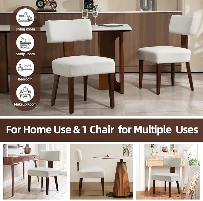 Dining Chairs Set of 6, Fabric Upholstered Wood Kitchen Chairs, Armless Linen Curved Backrest Chair Farmhouse Modern Dining Chairs with Foot Pad for Kitchen/Living Room/Restaurant/Cafe-Beige