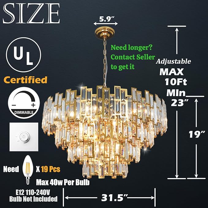 Gold Crystal Chandelier Lighting Foyer Hall Entry Way Chandeliers Light Fixture for High Ceiling Sloped Pendant Hanging French Empire Style Round Large 31.5 inch