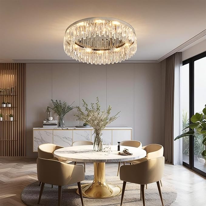 Modern Chandelier for Living Room, 24in Flush Mount Crystal Ceiling Light Fixture Chrome Large Raindrop Chandelier Lighting Fixture for Dining Room Living Room Bedroom Kitchen