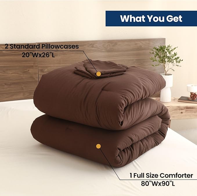Paxrac Earthy Brown Comforter Full Size, Neutral 3 Pieces Comforter Set, Lightweight Solid Bedding Set, All Seasons Soft Fluffy Full Comforter Set (80x90In Comforter & 2 Pillowcases)