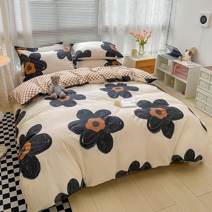 CLOTHKNOW Black Floral Queen Comforter Set Sunflower Bedding Comforter Sets Pumpkin Grid Comforter Soft Botanical Queen Comforter with 2 x Pillow Cases