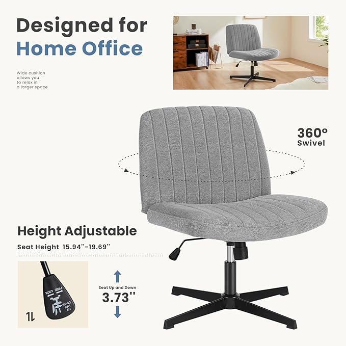 DUMOS Desk Chair No Wheels, Criss Cross Chair Wide Cross Legged Desk Vanity Comfy Chair, Armless Adjustable Swivel Chairs for Home Computer Task Gray