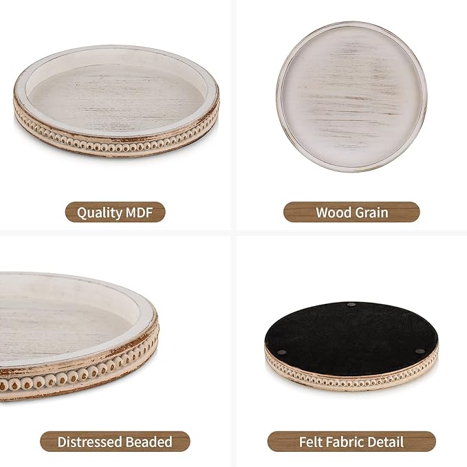 Hanobe Decorative Serving Tray Wood: White Washed Bead Round Tray Decor for Rustic Wooden Trays Farmhouse Centerpiece for Living Room Kitchen Counter