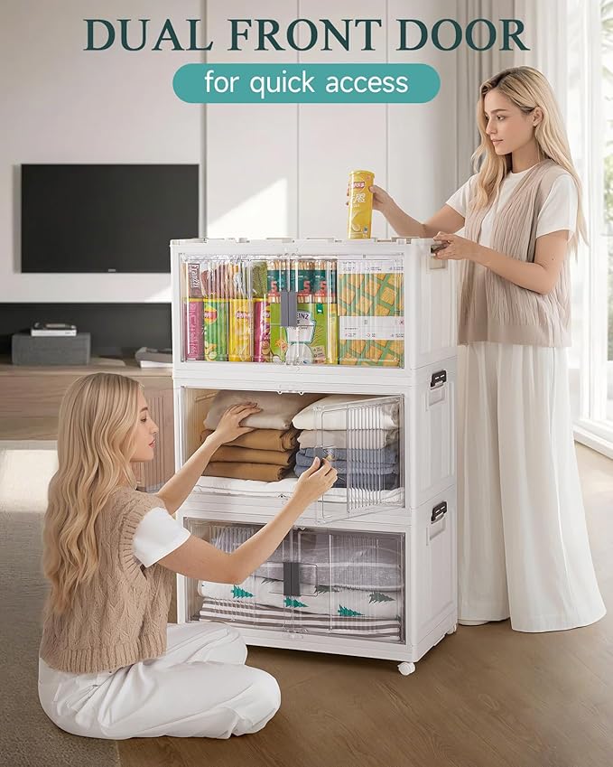 OlarHike Bookcase Storage 97QT Folding Stackable Storage Bins with Doors and Wheels 4 Pack Cubes, White