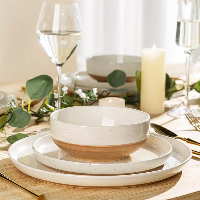 AmorArc 16 Pieces Ceramic Dinnerware Sets for 4, Handpainted Plates and Bowls Set with Rustic Terracotta Underside, Scratch Resistant Stoneware Dishes Set, Dishwasher & Microwave Safe, Light Beige