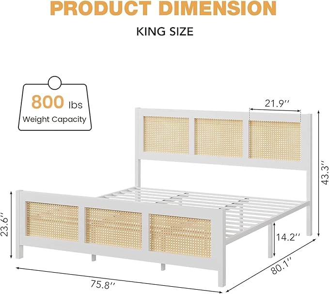 GarveeHome King Size Rattan Bed Frame with Headboard, White Boho Cane Platform Bed Frame with Strong Metal Slat, Noise Free, No Box Spring Needed