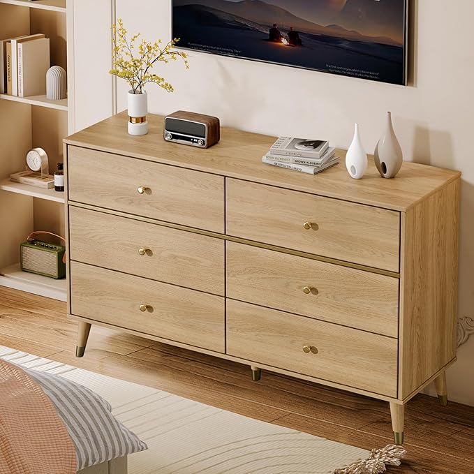 6 Drawer 47" Wide Mid Century Modern Chest of Drawers, Woody