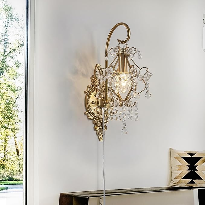 Gold Crystal Vintage Plug in Wall Sconces Set of 2 Indoor Wall Light Fixture, Modern Wall Mount Lamp Light for Bedroom Living Room Bathroom Vanity Light Hallway Light Fixture Decor LED E12