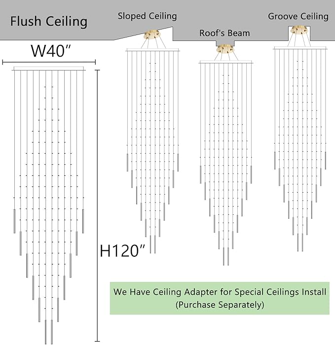 W40 x H120 Glam Chandelier with LED Bulbs Crystal Raindrop High Ceiling Pendant Light for Entrance Large Villa Chandelier Foyer Lighting Fixtures Gold