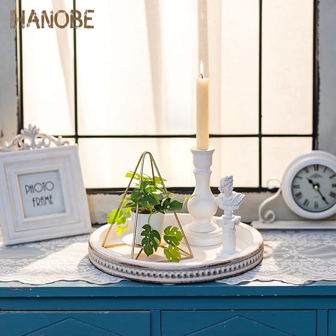 Hanobe Decorative Serving Tray Wood: White Washed Bead Round Tray Decor for Rustic Wooden Trays Farmhouse Centerpiece for Living Room Kitchen Counter