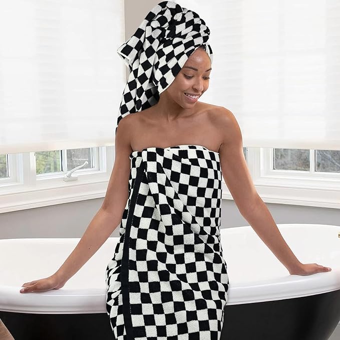 Jacquotha Bath Towels 100% Cotton Soft Absorbent Quick Dry Set of 2 Towels for Bathroom, Black & White Checkered