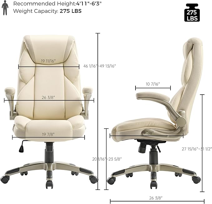 EUREKA ERGONOMIC Galene Executive Office Chair Flip Up Arm Rest, Ergonomic Desk Chair Faux Leather Computer Chair, High Back Office Chair with Headrest, Home Desk Chairs with Wheels, Beige