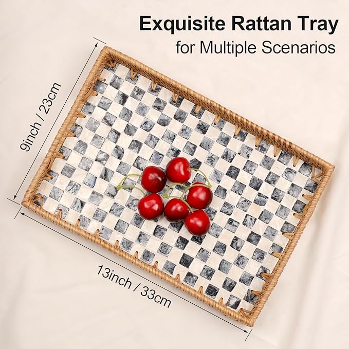 Rectangle Rattan Tray with Mother of Pearl Inlay, Rattan Serving Tray with Handle for Coffee, Bread, Fruits, Snacks, Decorative Wicker Tray for Table Decor (Black Checkerboard, 13"×9")