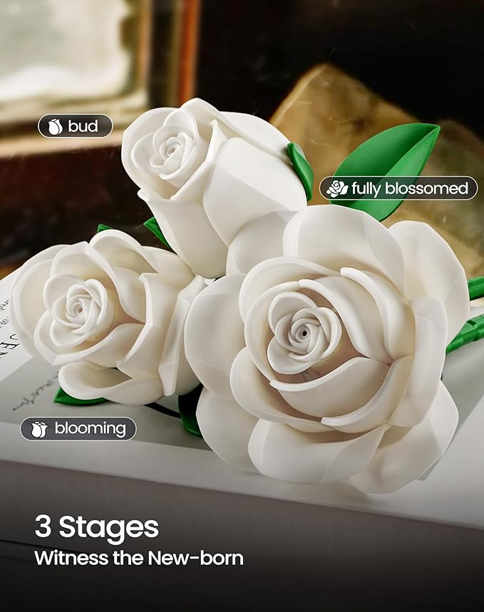 iATOM White Rose Bouquet Building Set, Compatible with Lego Flowers for Adults Women, Artificial Wedding Flowers Home Decor - Botanical Collection Gift for Valentines & Mother's Day - IA11013