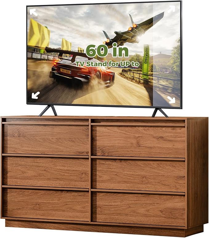 55.12" Modern Chest of Drawer, 6 Deep Drawers,Clothes Organizer,Large Storage Cabinet for Living Room, Bedroom,Dresser TV Stand, Wood Drawer Organizer for Living Room, Hallway, Brown