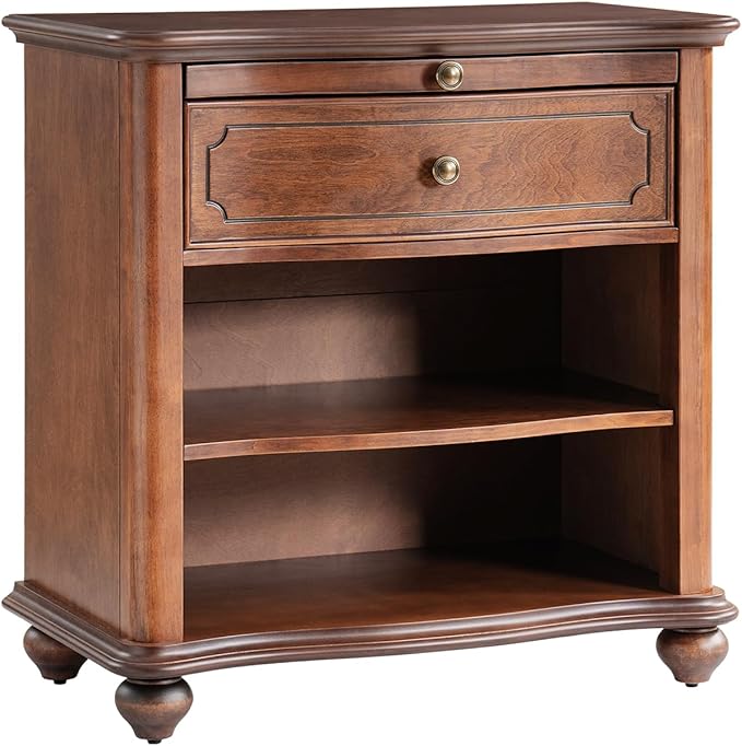 HULALA HOME Wooden Nightstand with Pull-Out Shelf, Mid Century Modern Nightstand with Solid Wood Drawers and Legs, Adjustable Storage, Brown