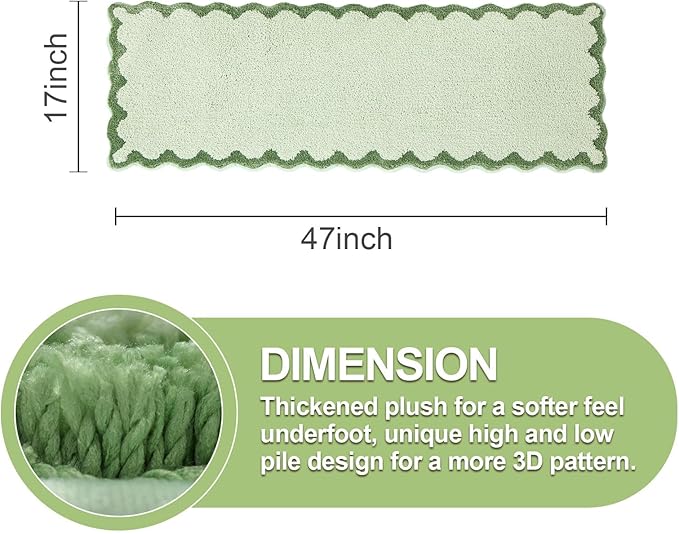 ORTIGIA Long Cute Scalloped Bathroom Rugs Runner, Fun Green Plush Microfiber Scallop Bath Mats Non Slip Washable Quick Dry Absorbent, Rug for Bathtub Sink Laundry Room Bedroom, 17x47