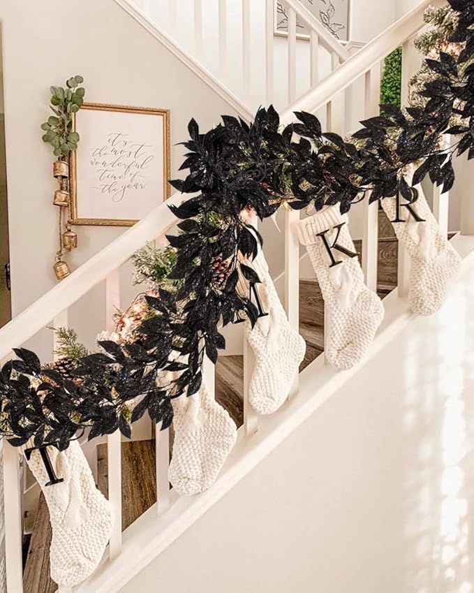 3 Pcs 6FT Christmas Garland Black Glittered Artificial Magnolia Leaves for Mantle Christmas Tree Decorations Indoor Outdoor Hanging Garland Ornaments Garden Door Wall Window Stair Holiday Home Decor